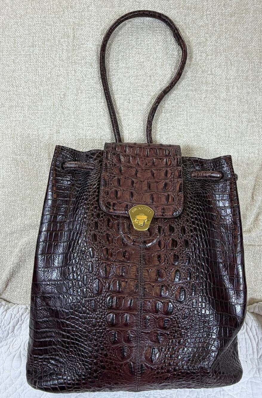 Brahmin Women's Brown Croco Embossed Leather Backpack Sling Purse Handbag Casual